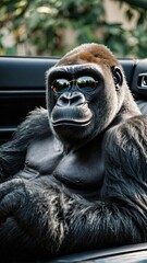 A photo of a Gorilla sitting on a luxury car sofa wearing transparent sunglasses and smiling slightly