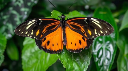 Obraz premium Orange and Black Butterfly Perched on a Green Leaf