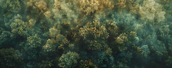 Naklejka premium Aerial View of a Foggy Forest