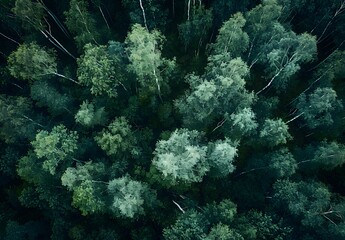 Aerial View of Green Birch Forest Canopy