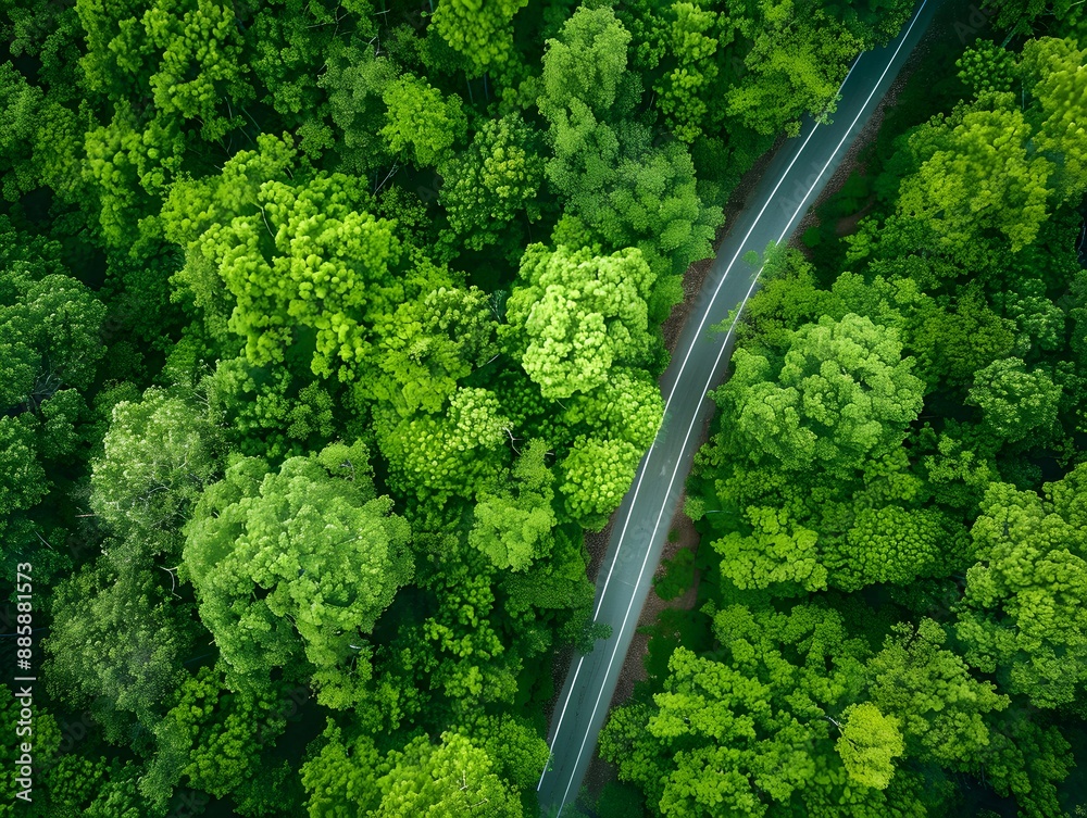 Wall mural Aerial View of Winding Road Through Lush Forest Canopy