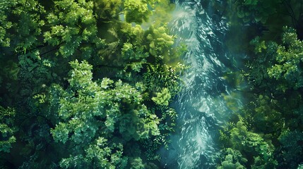 Aerial View Lush Forest River Impressionism