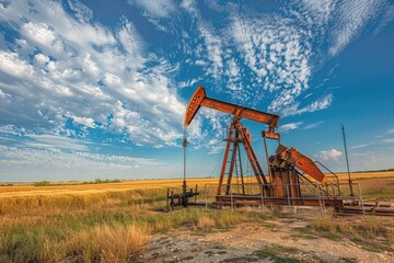 Fototapeta premium A large oil rig is in the middle of a field. The sky is clear and blue, and the sun is shining brightly. The oil rig is surrounded by a large, empty field