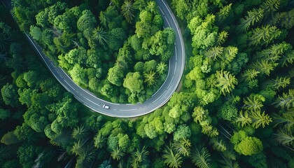 Aerial View Winding Road Through Lush Forest