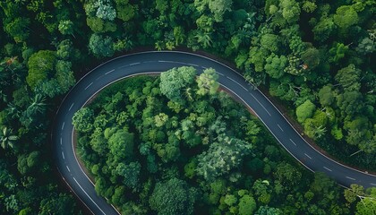 Aerial View of Winding Road Through Lush Forest