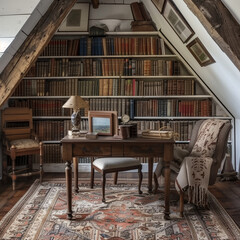 Obraz premium Timeless Study Area: Vintage Attic with Wooden Desk and Armchair