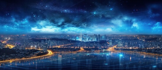 Fototapeta premium Nighttime Cityscape with Vibrant Lights and Starry Sky