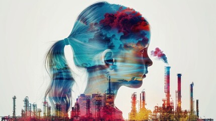 Fototapeta premium Double exposure of child's profile and industrial pollution, symbolizing the impact of environmental damage on future generations.