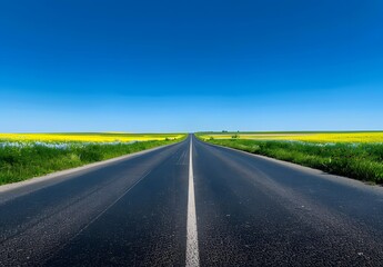 Fototapeta premium Asphalt Road Through Yellow Flower Fields