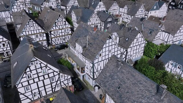 Flying Over Authentic Half-Timbered Houses, Aerial View, Freudenberg, Germany