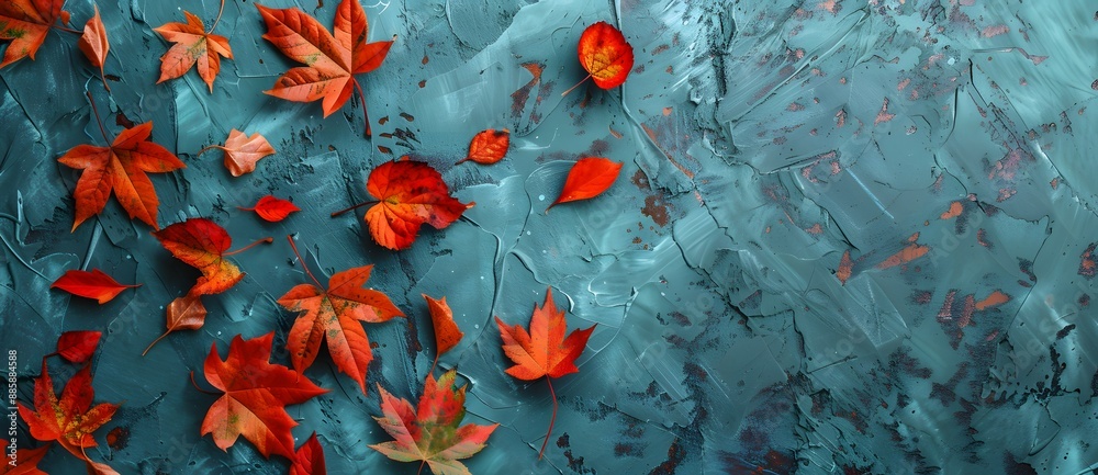 Wall mural Autumn Leaves Teal Blue Green Background