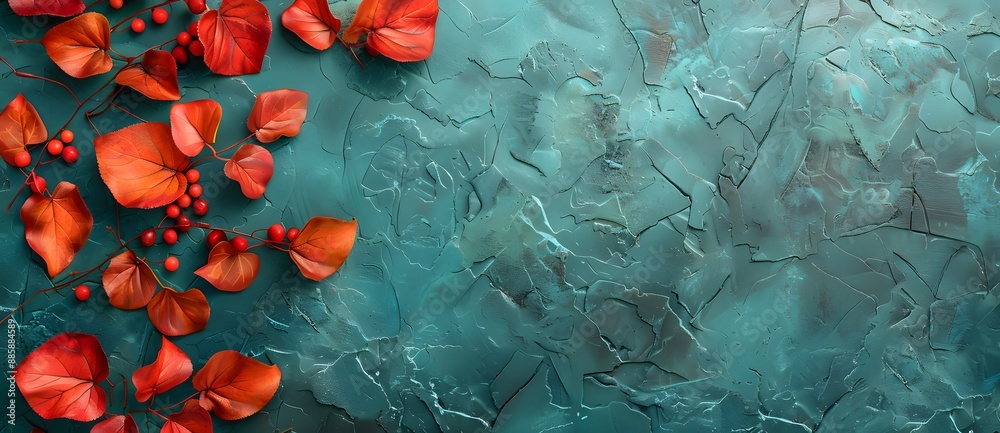 Wall mural Autumn Leaves Banner on Teal Stone Texture