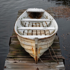 Peaceful Dockside: Rowboat Tied to a Rustic Dock