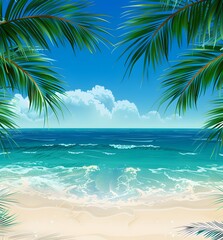 Obraz premium Tropical Beach Scene with Palm Trees and Blue Ocean