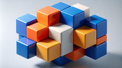 Colorful cubes on white background, 3d rendering illustration of abstract geometric shape blocks in red blue and orange colors.