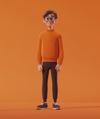 Fototapeta premium Modern 3D Illustration of a Young Man in Orange Sweater with Glasses on Orange Background