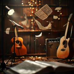 Naklejka premium Harmony in Air: Guitars and Sheet Music Floating in a Music Studio