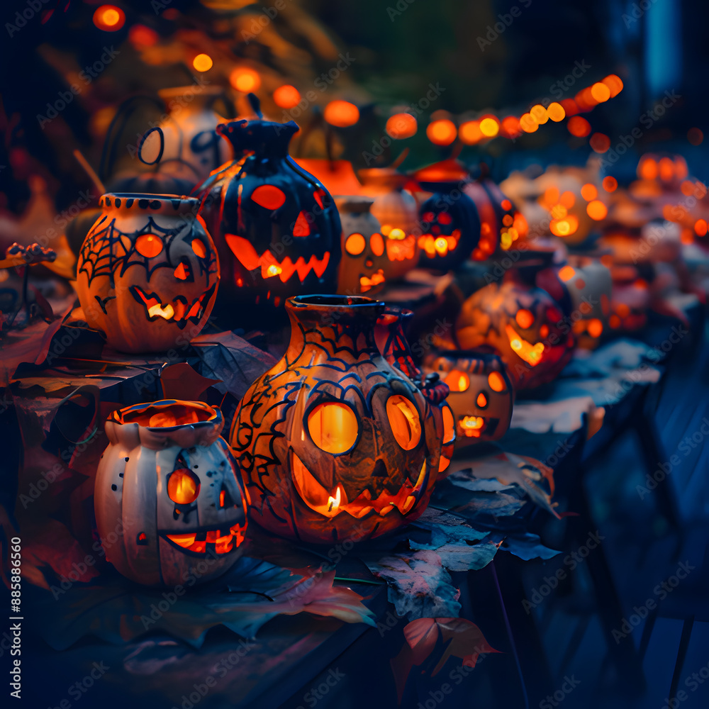 Wall mural halloween jack o lantern pumpkins. generative ai