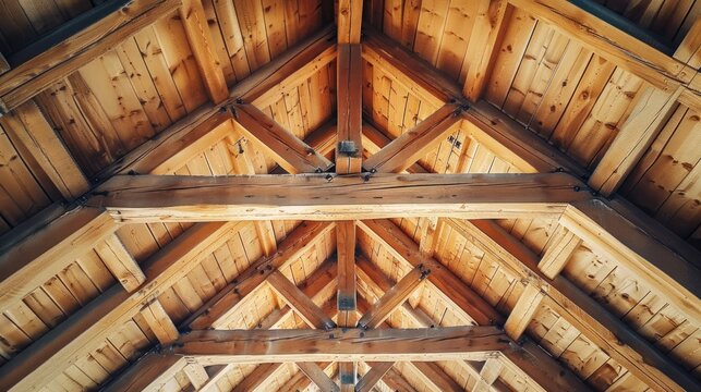 The wooden beams of the roof are visible from the inside of the building. The beams are arranged in a way that creates a sense of depth and dimension