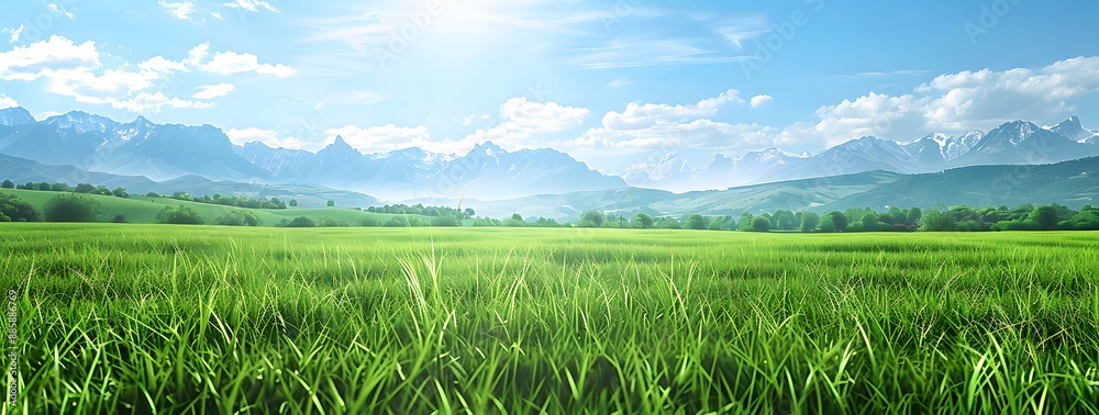 Poster Green Grass Meadow with Mountain Landscape