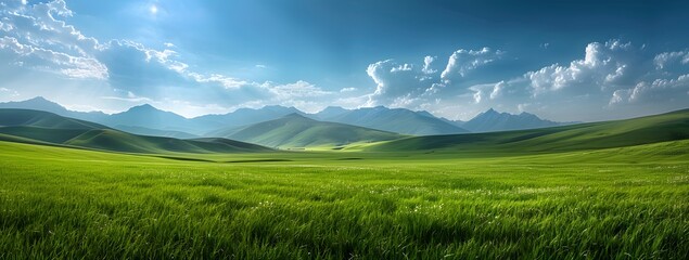 Tranquil Green Grassland with Distant Mountains