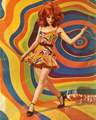 Woman at retro disco. Beautiful girl in short dress. Woman from seventies goes to party. Pinup female with vintage hairstyle