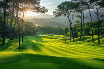 A golf course with a green grass field and trees in the background. The sun is shining on the field, creating a warm and inviting atmosphere