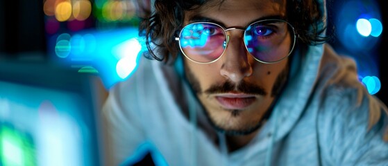 Digital Intrusion Portrait of young man hacker immersed in coding under neon lights