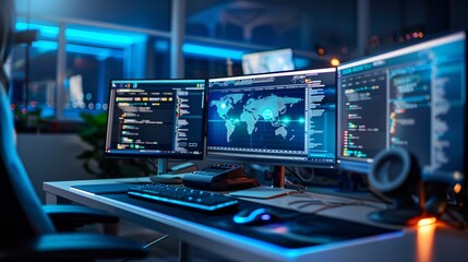 Cyberpunk Hacker Lair Neon Lit Workspace with Multi-Monitor Coding and Cyber Security Measures