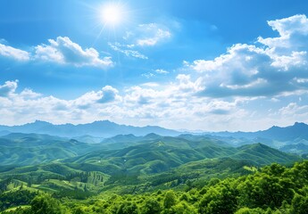 Fototapeta premium Panoramic View of Green Mountains in China