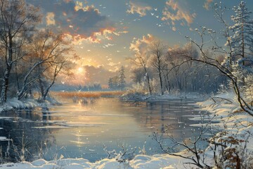 Fototapeta premium A painting of a snowy landscape with a lake and trees. The sky is blue and the sun is setting