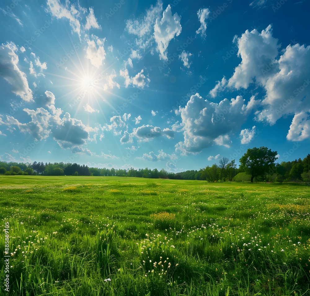 Sticker Sunlit Spring Meadow with Blue Sky and Clouds