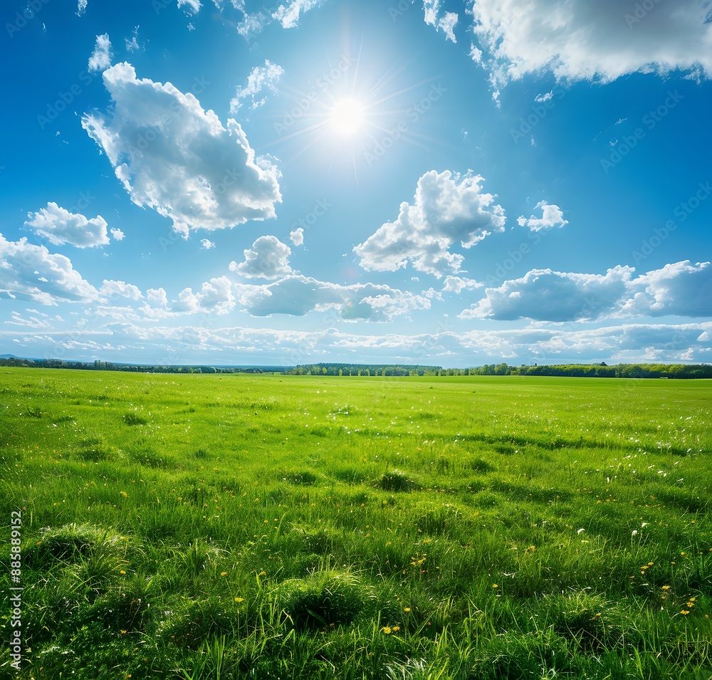 Wall mural Sunny Spring Meadow with Blue Sky and Clouds