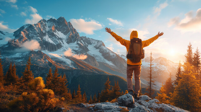 happy hikers open their arms wide, fully immersed in the exhilarating exploration of the mountains, embracing the vastness of nature with joyous hearts.