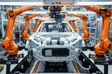 Automated EV car assembly by orange robotic arms in contemporary factory