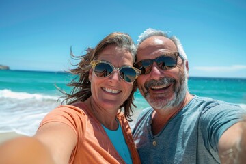 Obraz premium A happy middle-aged couple standing on the beach