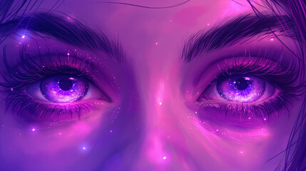 Purple glowing eyes against a dark background, creating an ethereal and mystical atmosphere with a vibrant and striking visual effect.