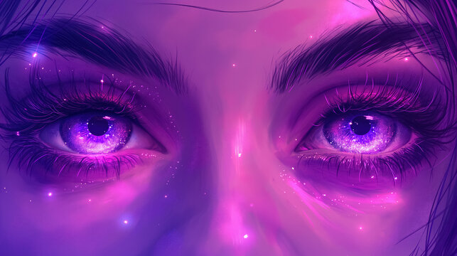 Purple glowing eyes against a dark background, creating an ethereal and mystical atmosphere with a vibrant and striking visual effect.