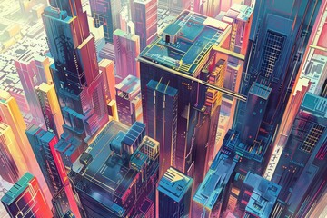 Fototapeta premium Futuristic cityscape with vibrant colors and geometric shapes