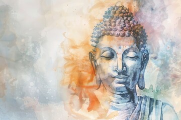 An artistic interpretation of Buddha in watercolor, blending fade and pale tones to symbolize enlightenment and inner peace in Buddhist philosophy