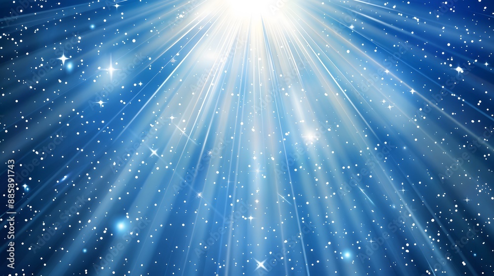 Poster Blue Sky With White Rays Of Light And Stars