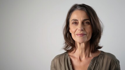 Obraz premium Middle-aged woman presenting with a friendly smile, half-body shot against a solid white background with plenty of copy space