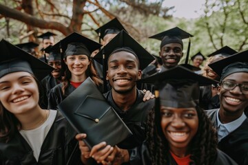 Multiethnic group of graduates in black caps and gowns, celebrating with diplomas in hand and big smiles on their faces