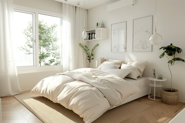 Cozy white bedroom with minimal design, soft bedding, and natural light