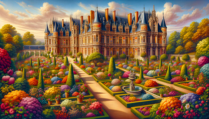 A royal estate mansion castle features grandiose gardens with manicured lawns, elegant fountains, and vibrant flowerbeds, creating an opulent and serene setting of historical splendor and natural beau