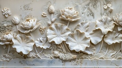 Artistic Wall Sculpture of Lotus Flowers and Lily Pads in Textural Relief, Emblematic of Purity.