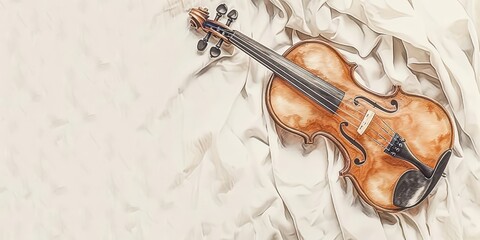 Fototapeta premium A delicate watercolor depiction of a violin, elegantly resting on a white backdrop