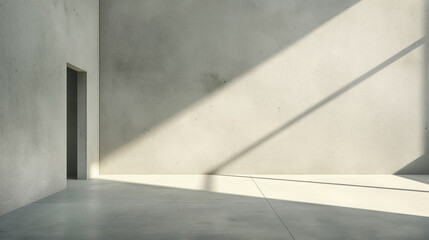 Minimalist room with white walls and floor, bathed in natural light from a single open door, casting long shadows, creating a tranquil space.
