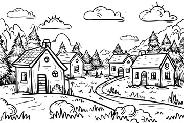 Obraz premium Small village houses with trees and clouds