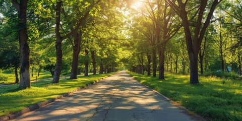 Naklejka premium A long road with trees on both sides